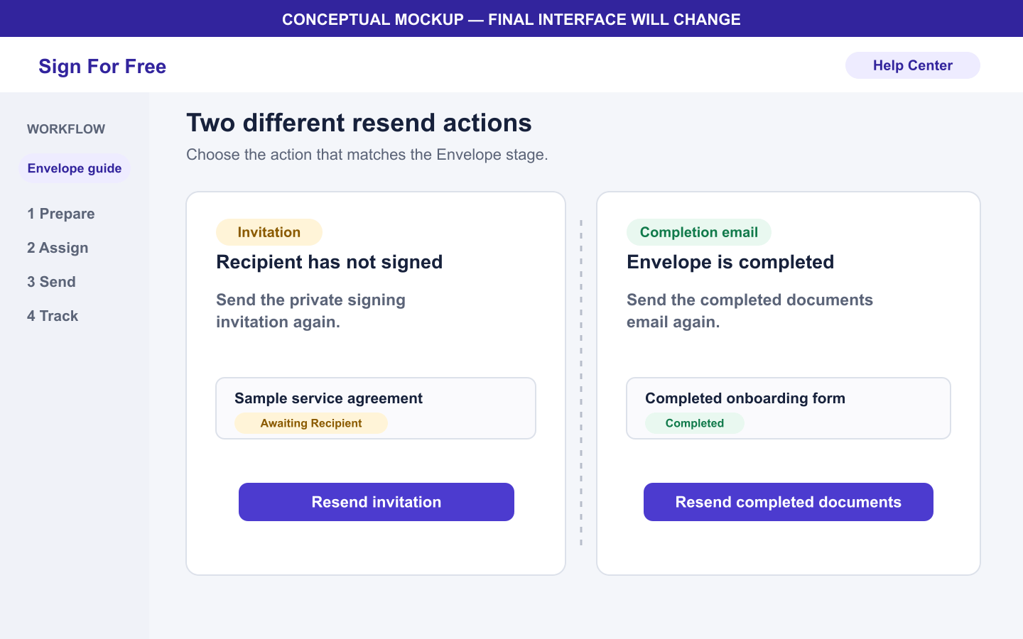 Tableau de bord conceptuel montrant des actions distinctes pour renvoyer une invitation et des documents finalisés.