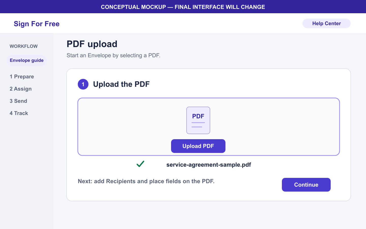Konzeptioneller PDF-Uploadschritt mit einer ausgewählten Beispiel-PDF-Datei zum Erstellen eines Envelope.